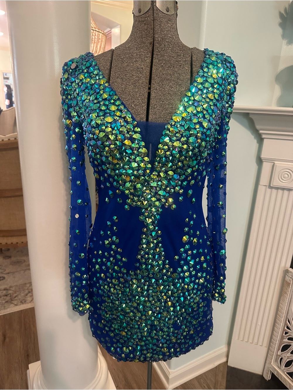 Angela & Alison royal blue iridescent crystal rhinestone long sleeve mini dress